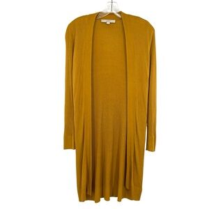 Loft Women’s Ribbed Mustard Yellow Open Front Long Cardigan Knit Sweater